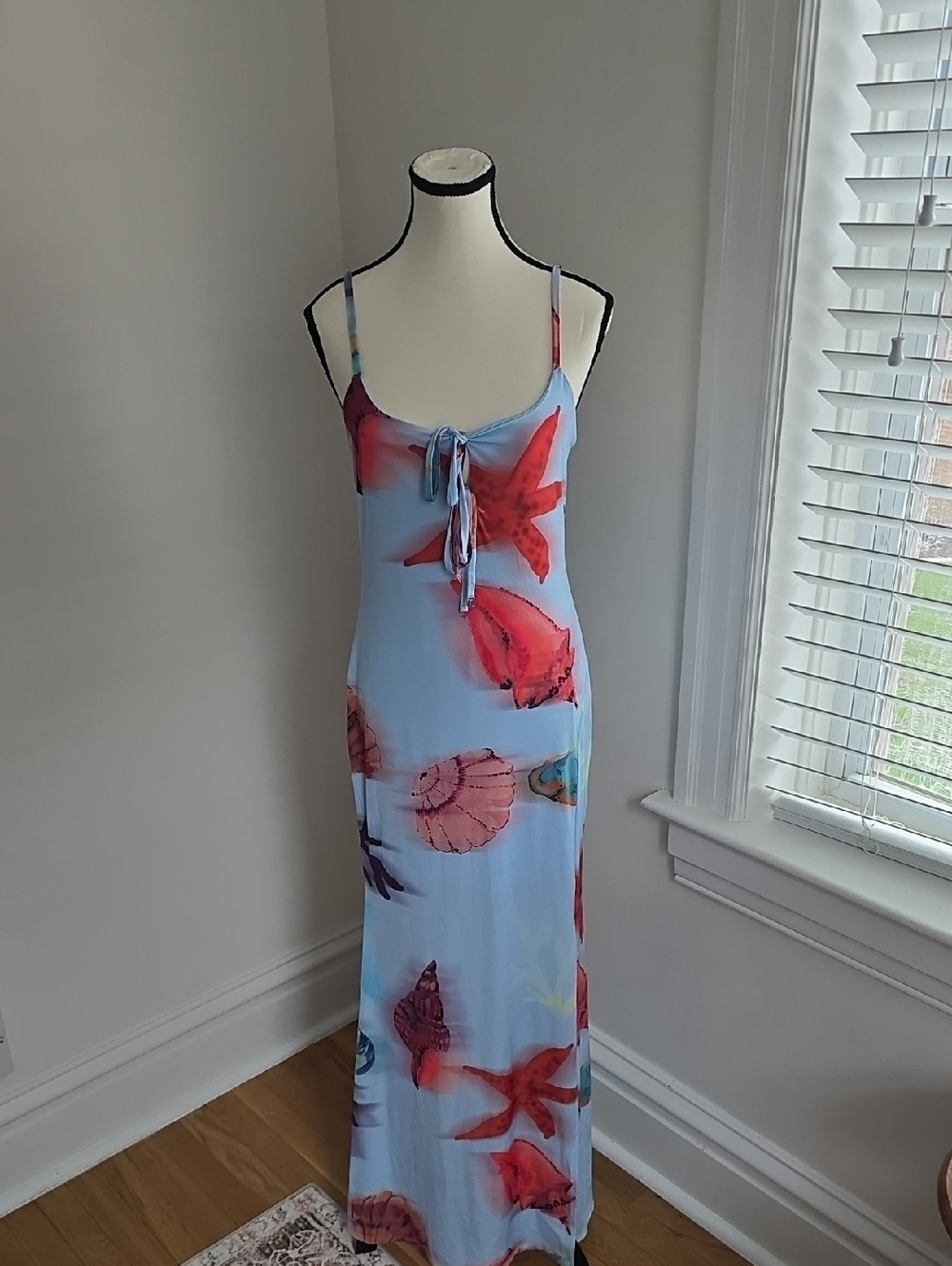 ASOS Design Light Blue Maxi Dress with Red Seashell Print Side Slit Size 8/10